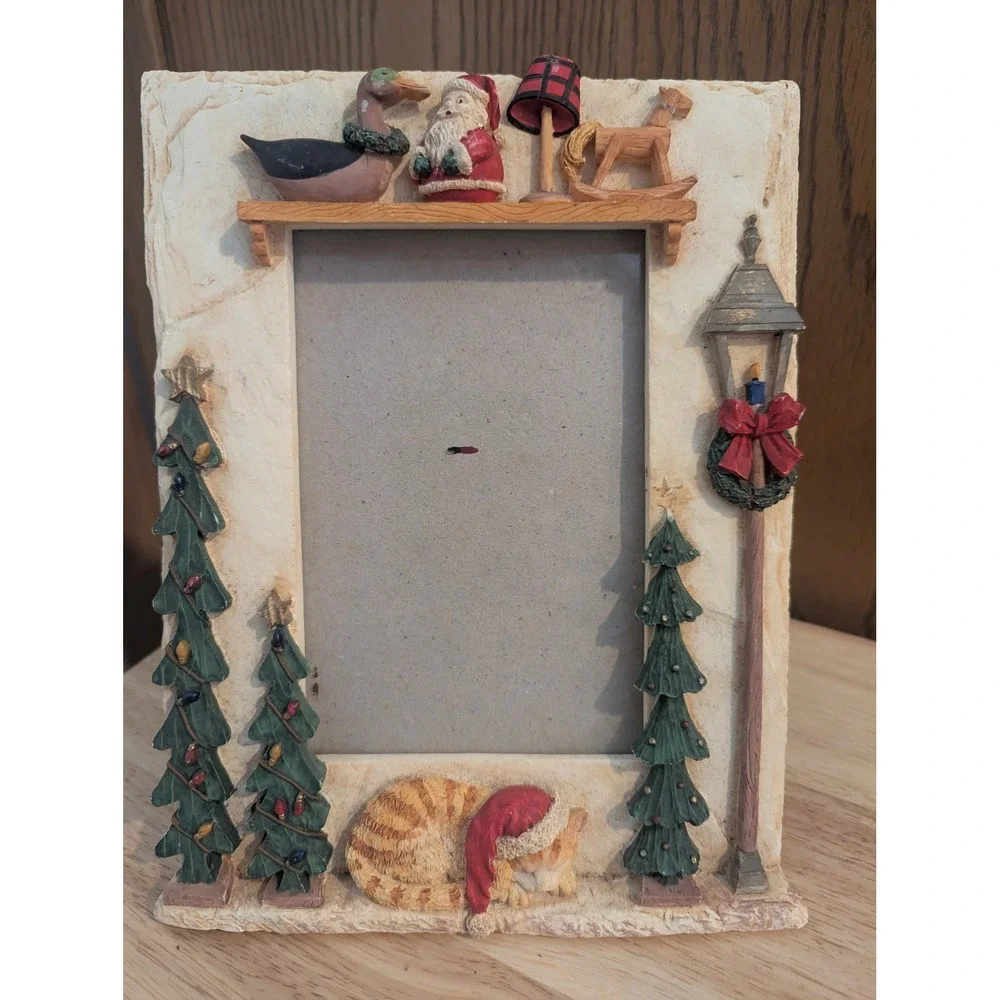 Christmas Holiday Resin Picture Frame Sleeping Cat Santa Trees 3D Tabletop Decor